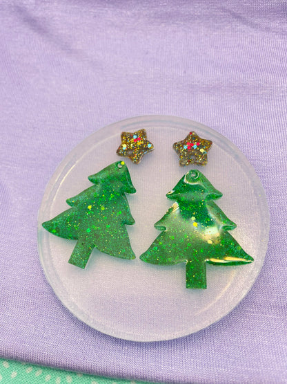 Christmas tree dangle earring mold with Star toppers and engraved ornaments