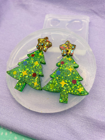 Christmas tree dangle earring mold with Star toppers and engraved ornaments