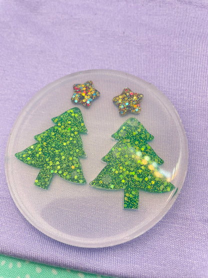 Christmas tree dangle earring mold with Star toppers and engraved ornaments