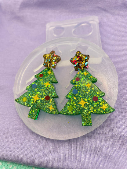 Christmas tree dangle earring mold with Star toppers and engraved ornaments