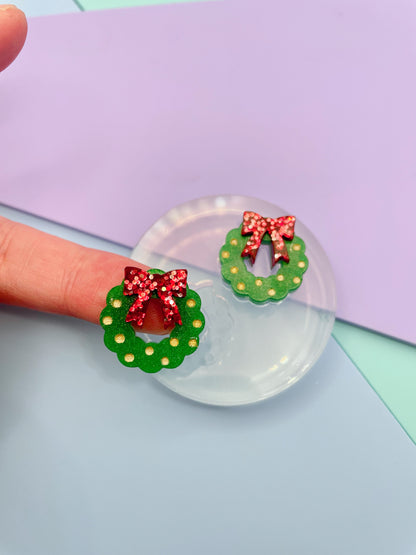 Small Christmas Wreath with Ribbon Bow Stud Earring Mold