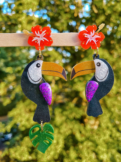 Layered Toucan with Monstera leaf and Tropical Hibiscus Flower Dangle Earring Mold