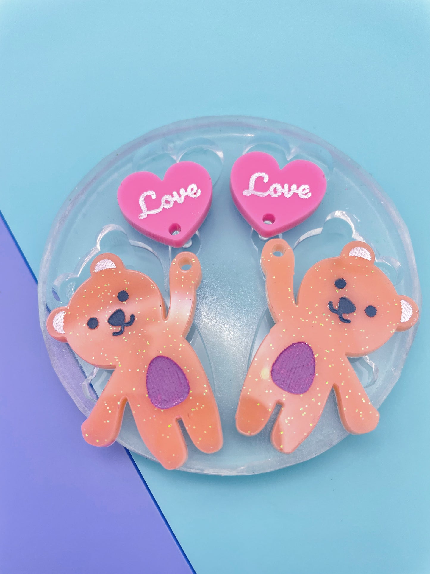 Valentines Heart Balloon Teddy Bear Dangle Earring Mold