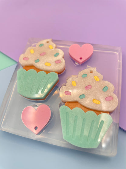 4.5 cm Cupcake with Whipped Cream and Sprinkles Heart stud topper dangle earring mold