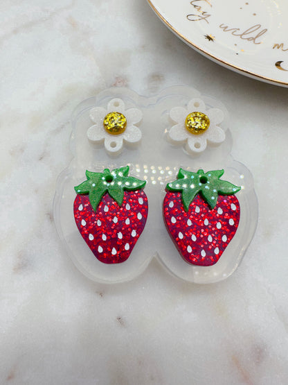 3D Strawberry with Flower Connector Dangle Earring Mold