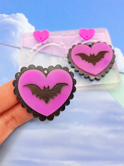 4cm Bat Scalloped Heart Layered Dangle Earring Mold