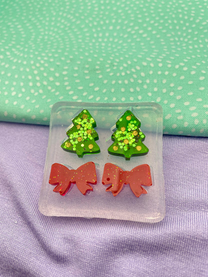 Mini Engraved Christmas Tree and Ribbon Bow Stud Earring Mold