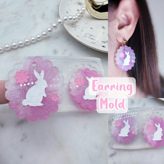 4 cm Bunny and Flowers Scalloped Oval Dangle Earring Mold