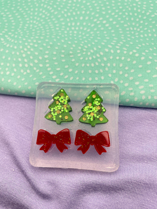Mini Engraved Christmas Tree and Ribbon Bow Stud Earring Mold