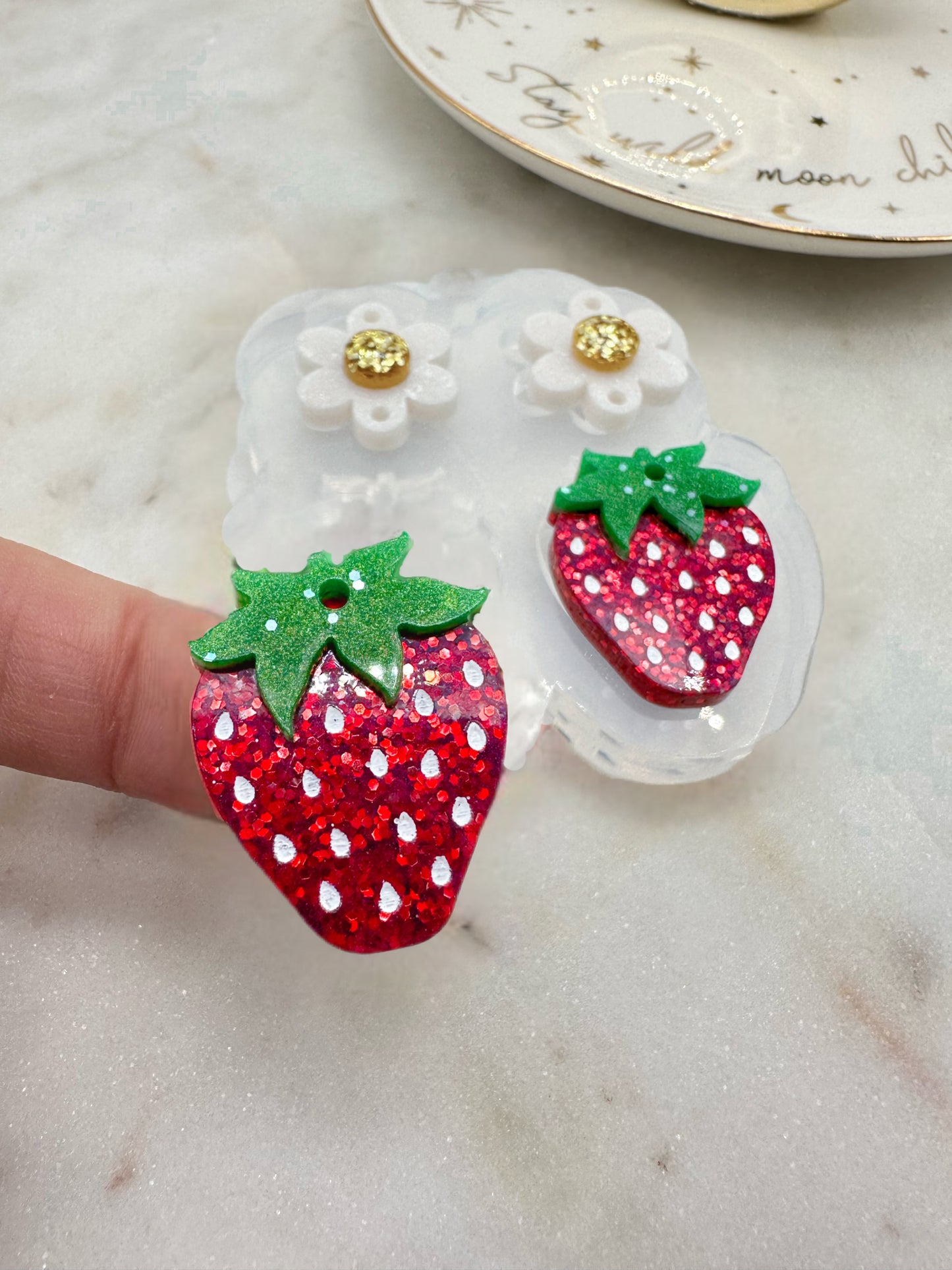 3D Strawberry with Flower Connector Dangle Earring Mold