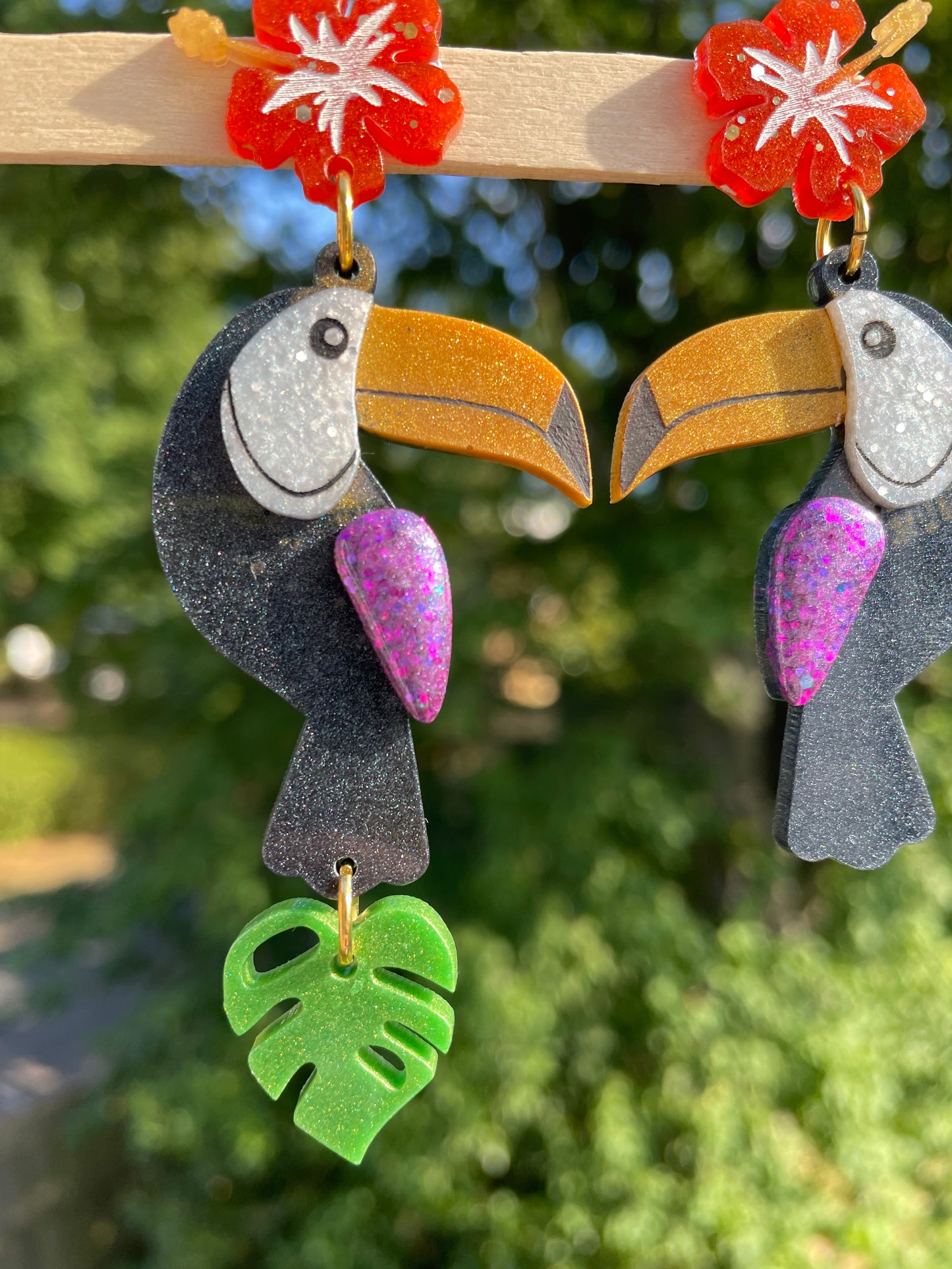 Layered Toucan with Monstera leaf and Tropical Hibiscus Flower Dangle Earring Mold