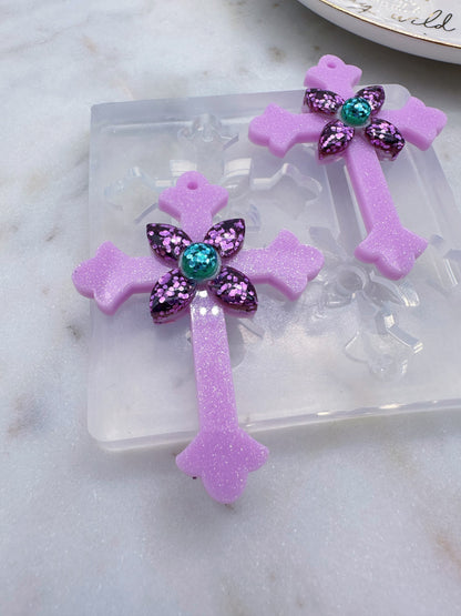 Large 3D Jewelled Budded Cross Dangle Earring Necklace Mold