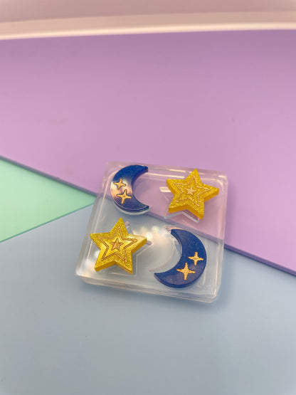 Mini engraved moon and star stud earring mold set