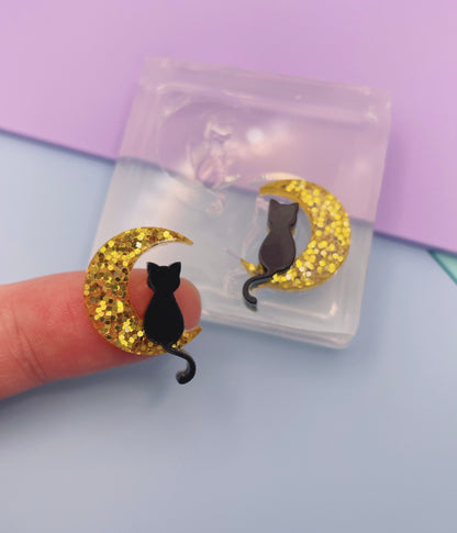 Mini Sitting Cat on Crescent Moon Stud Earring Mold