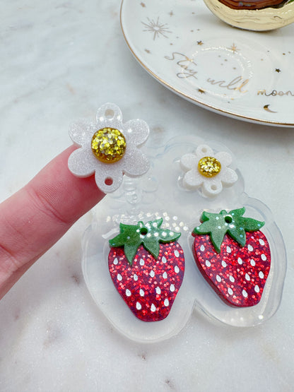 3D Strawberry with Flower Connector Dangle Earring Mold