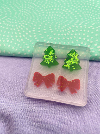 Mini Engraved Christmas Tree and Ribbon Bow Stud Earring Mold