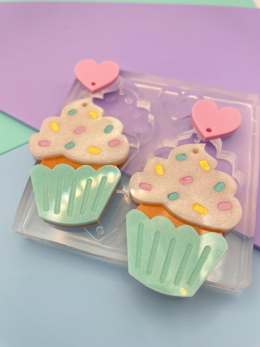 4.5 cm Cupcake with Whipped Cream and Sprinkles Heart stud topper dangle earring mold