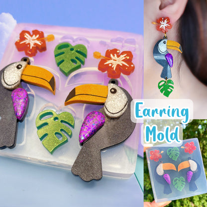 Layered Toucan with Monstera leaf and Tropical Hibiscus Flower Dangle Earring Mold