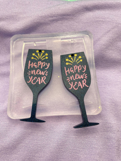 Happy New Year Wine Cocktail Glass Dangle Earring Mold 