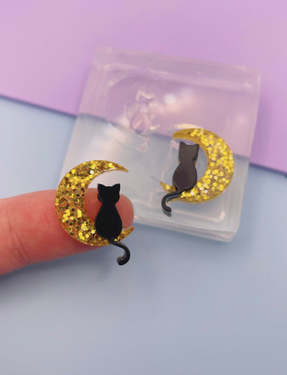 Mini Sitting Cat on Crescent Moon Stud Earring Mold