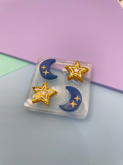 Mini engraved moon and star stud earring mold set