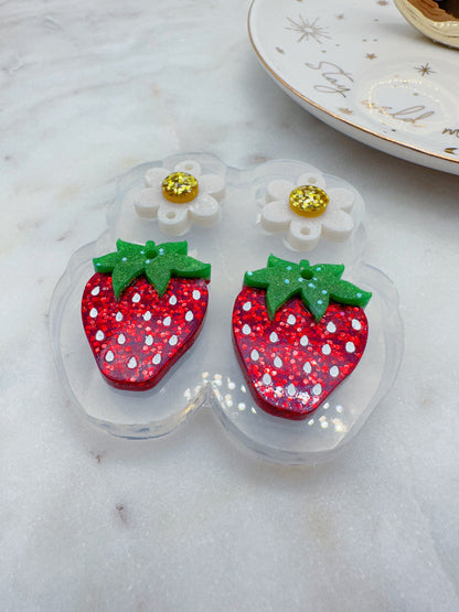 3D Strawberry with Flower Connector Dangle Earring Mold