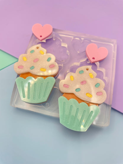 4.5 cm Cupcake with Whipped Cream and Sprinkles Heart stud topper dangle earring mold