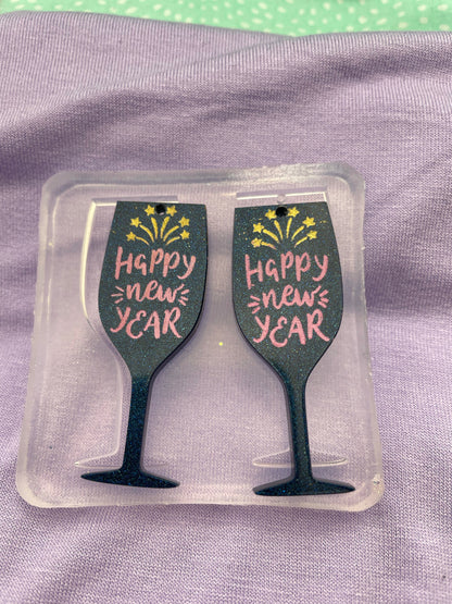 Happy New Year Wine Cocktail Glass Dangle Earring Mold 