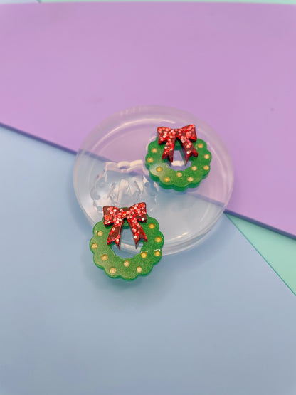 Small Christmas Wreath with Ribbon Bow Stud Earring Mold