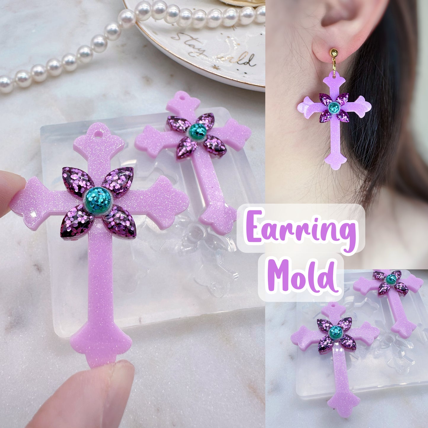 Large 3D Jewelled Budded Cross Dangle Earring Necklace Mold