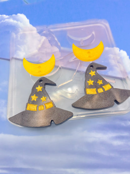 3.5 cm Witch Hat with Crescent Moon Connector Dangle Earring Mold 