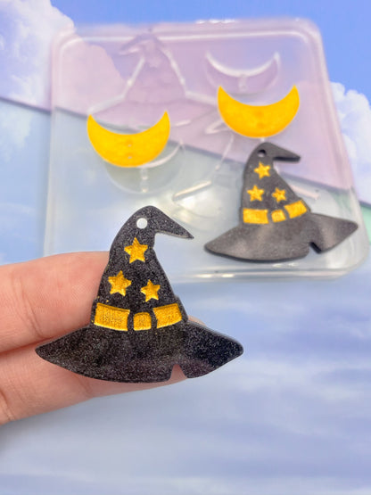 3.5 cm Witch Hat with Crescent Moon Connector Dangle Earring Mold 